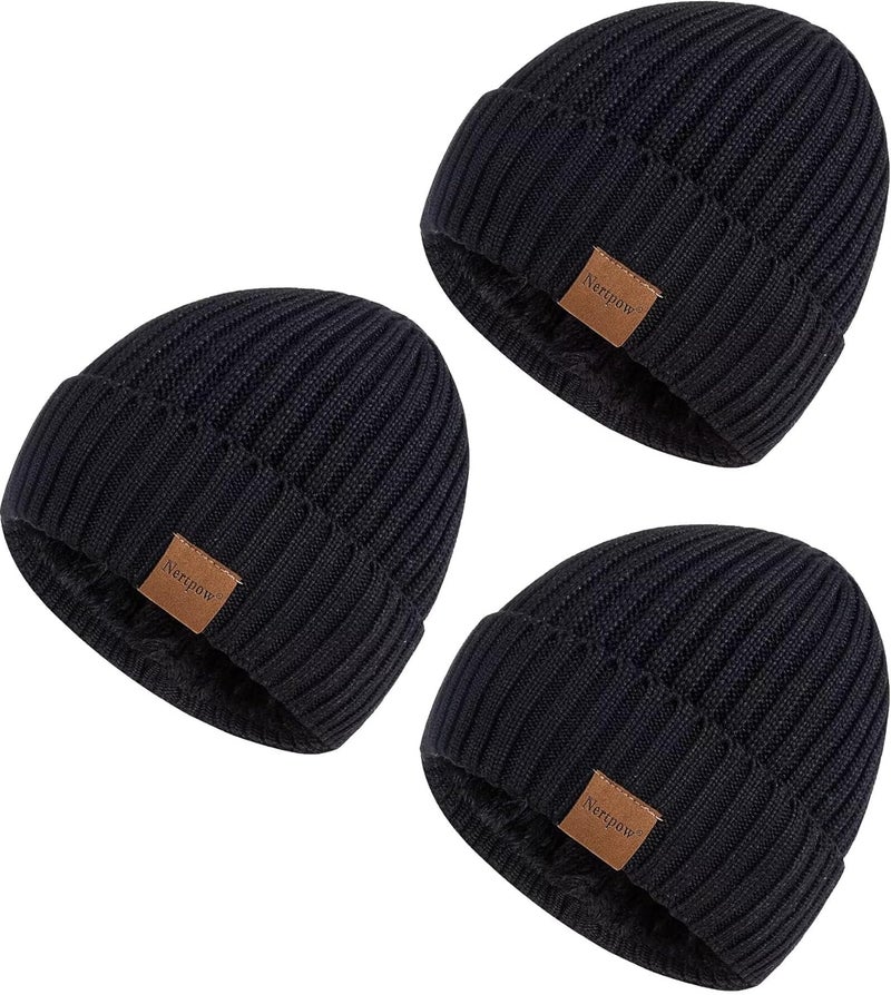 Nertpow Mens Beanie Hats 3 Pack, Winter Hats for Men Women Warm Thermal Fleece Lined, Thick Knit Fashion Skull Cap for Guys - Image 1